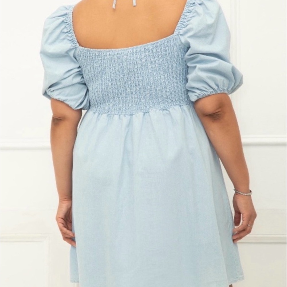 Eloquii Elements Light Chambray Puff Sleeve Shirred Front Dress Size 14 - Picture 4 of 7